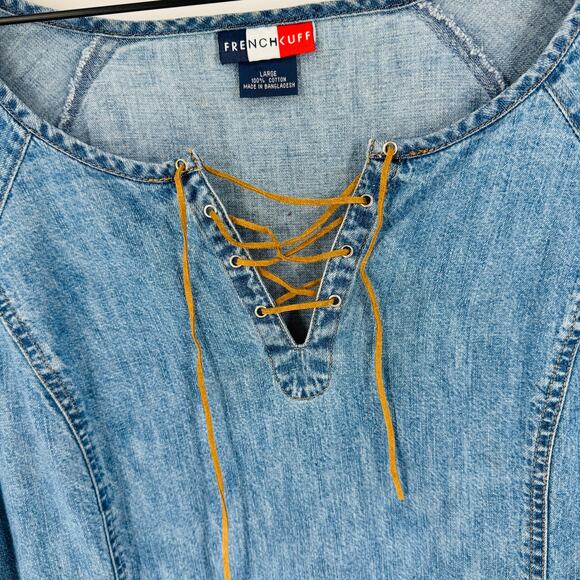French Kuff Vintage Denim Lace-Up Peasant Top Long Sleeve Boho Size Large - Picture 4 of 7